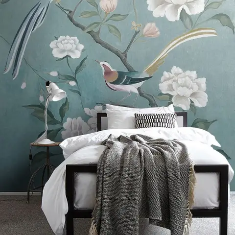 Vintage Peony Floral and Swallow Wallpaper Mural