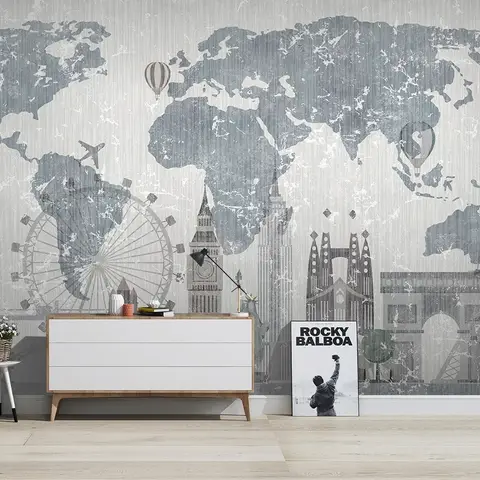 Vintage World Map with Old Hot Air Balloon Wallpaper Mural
