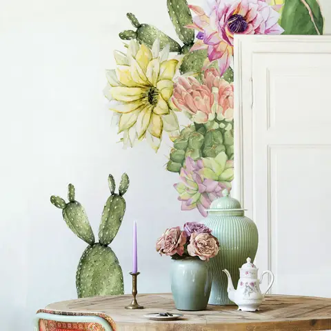 Watercolor Pink Yellow Cactus Florals Wall Decal Sticker