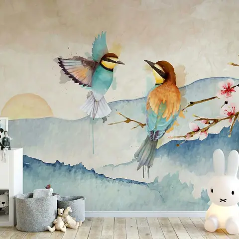 Watercolor Winter Landscape and Colorful Bird Wallpaper Mural