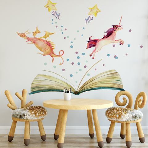 Kids Watercolor Unicorn and Dinosaurs in the Storybook Wall Decal Sticker