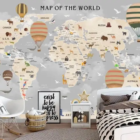 Kids World Map with Vintage Hot Air Balloon Wallpaper Mural