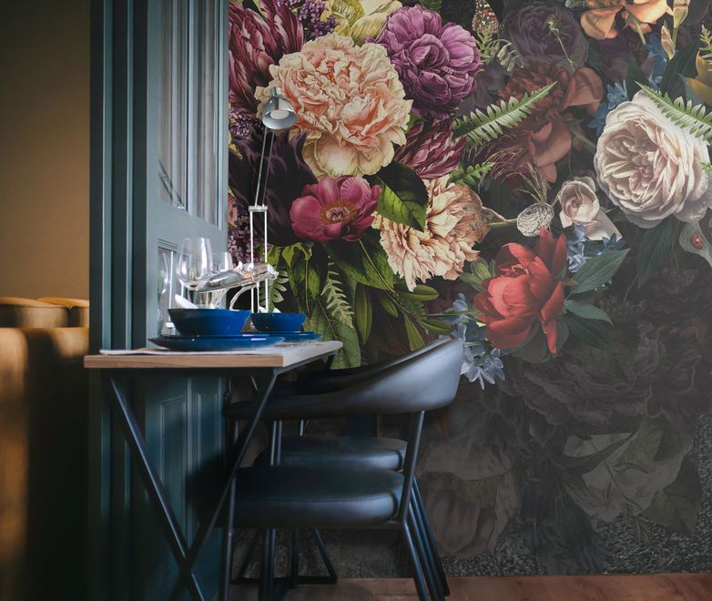 Dark Vine Floral and Peony Blossom Wallpaper Mural