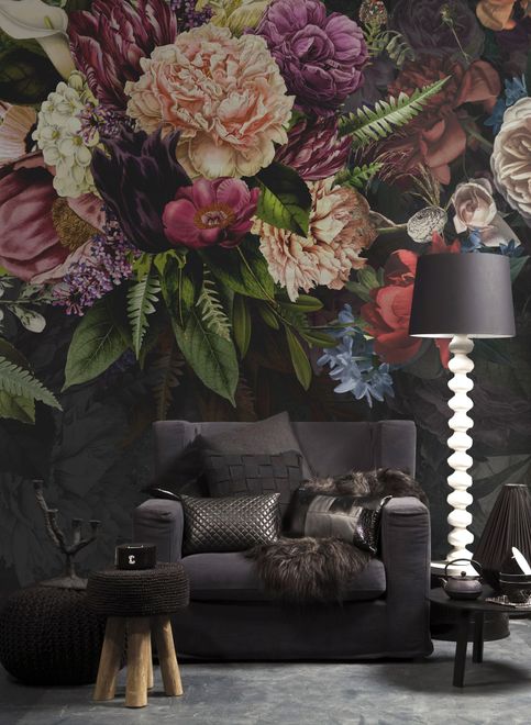 Dark Vine Floral and Peony Blossom Wallpaper Mural