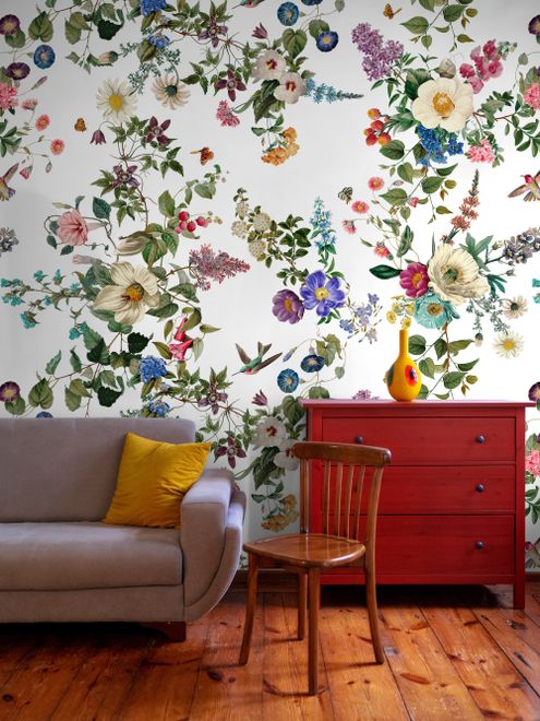 Botanical Flowers Floral with Birds Wallpaper Mural