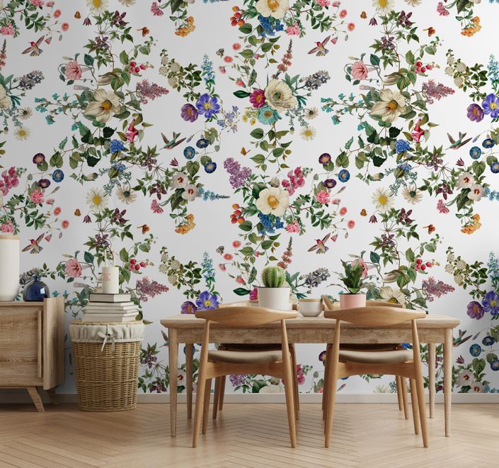 Botanical Flowers Floral with Birds Wallpaper Mural