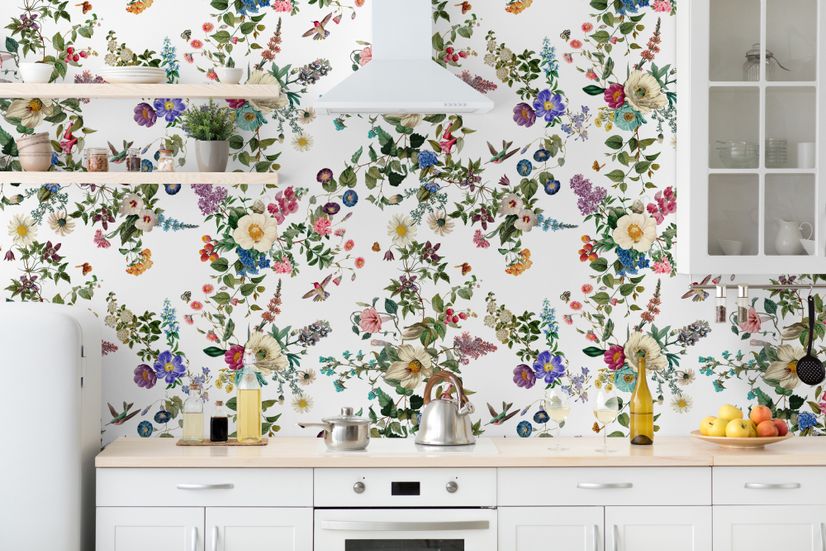 Botanical Flowers Floral with Birds Wallpaper Mural