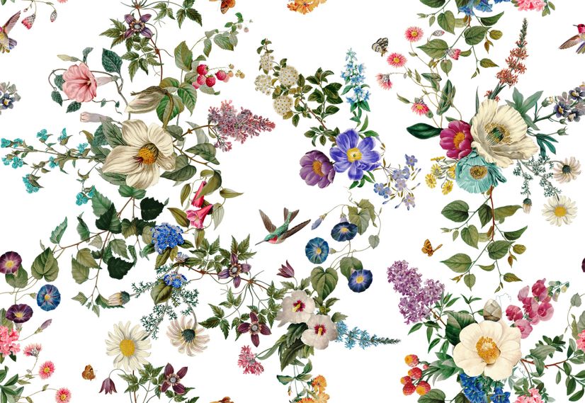 Botanical Flowers Floral with Birds Wallpaper Mural