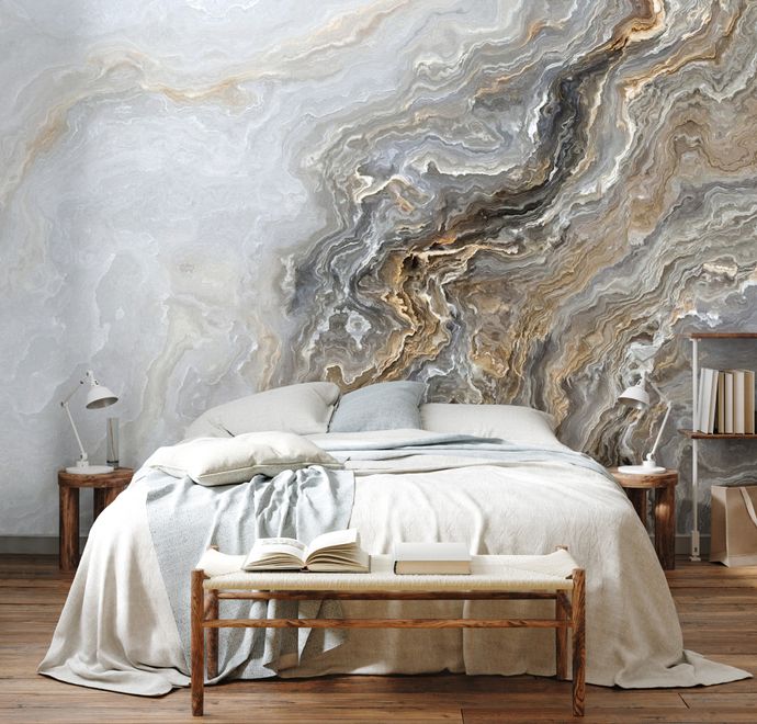 Dark Marble Gray and Brown Waves Wallpaper Mural