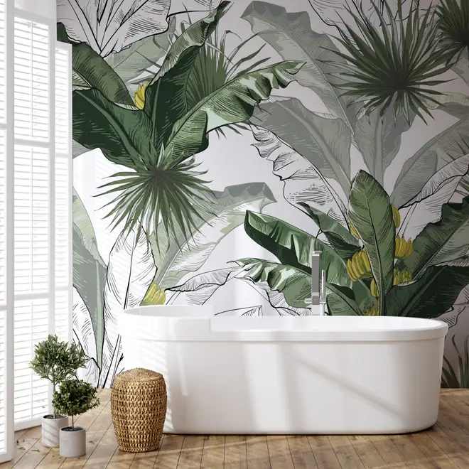 Palm Leaf Print Wallpaper in Bathroom - Contemporary - Bathroom