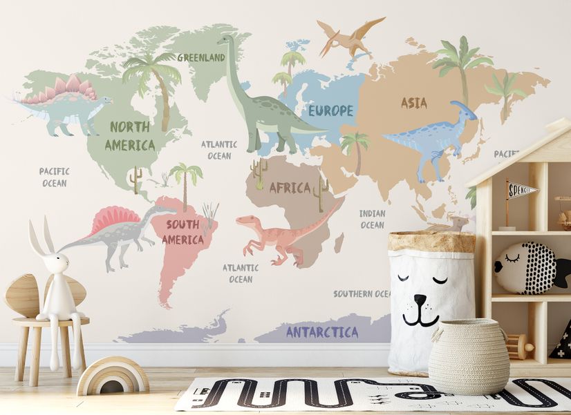 Kids Dinosaurs World Map Wallpaper Mural