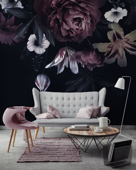 Dark Floral Claret Peony Floral Wallpaper Mural