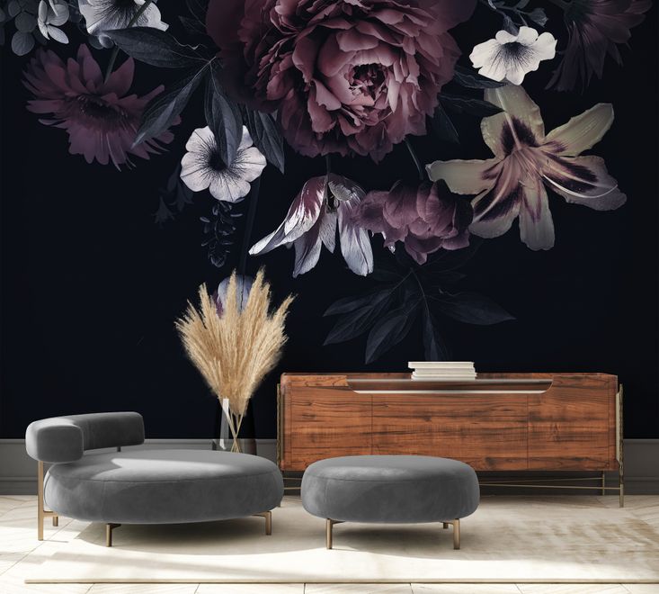 Dark Floral Claret Peony Floral Wallpaper Mural