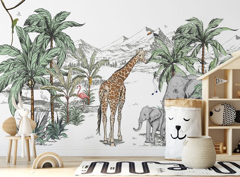 Kids Tropical Animals with Mountain Wallpaper Mural