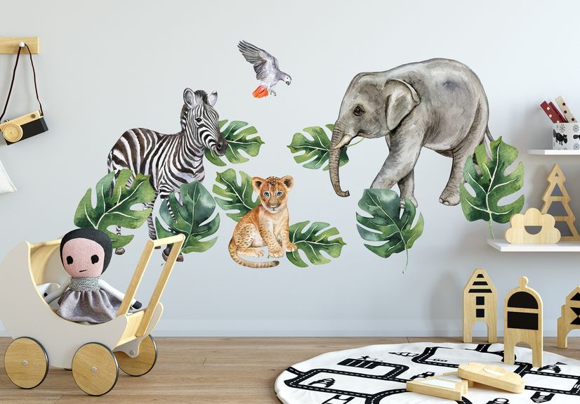 Kids Tropical Animals with Leafs Wall Decal Sticker