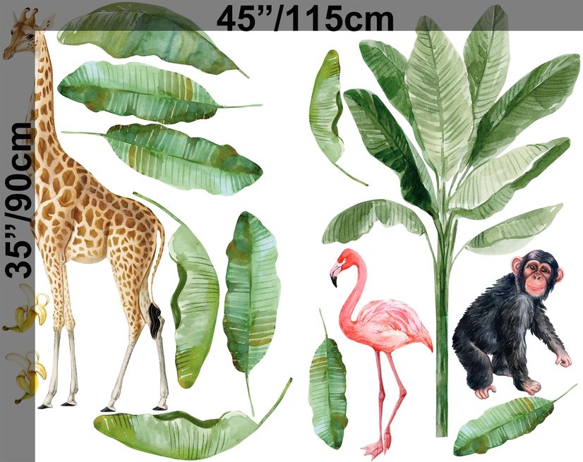 Kids Tropical Animals with Palm Leafs Wall Decal Sticker