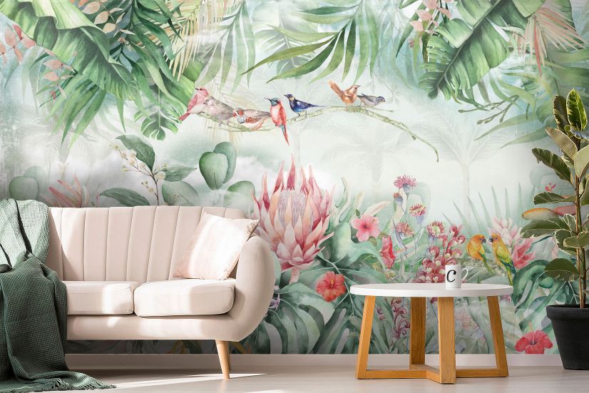 Colorful Tropical Exotic Cactus Floral with Little Birds Wallpaper Mural