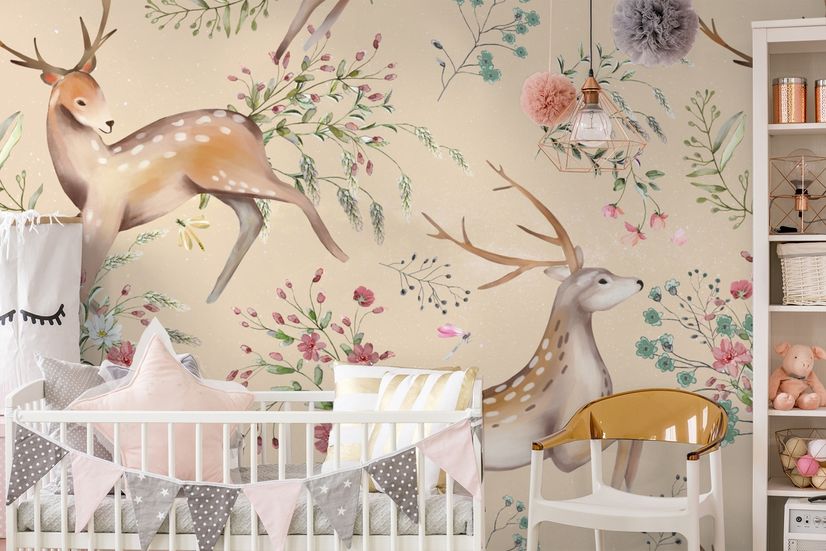 Nursery Vintage Floral with Deer Wallpaper Mural