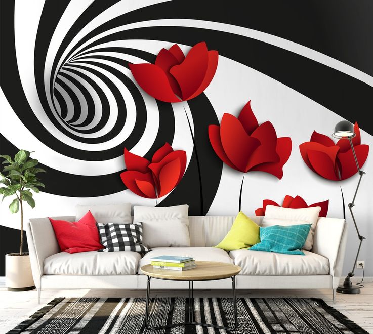 Red Poppy Floral with Abstract Fractal Wallpaper Mural