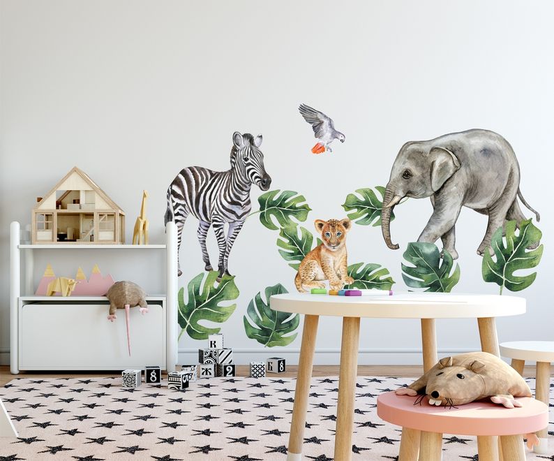 Kids Tropical Animals with Leafs Wall Decal Sticker