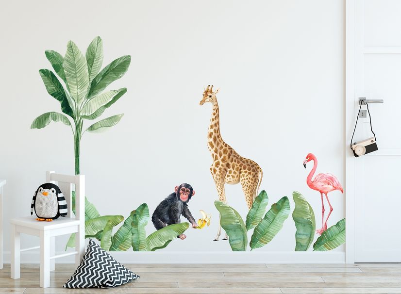 Kids Tropical Animals with Palm Leafs Wall Decal Sticker