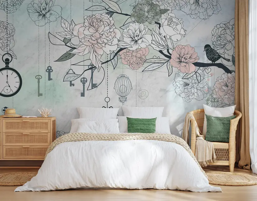 Hanging Keys on Floral Tree Wallpaper Mural