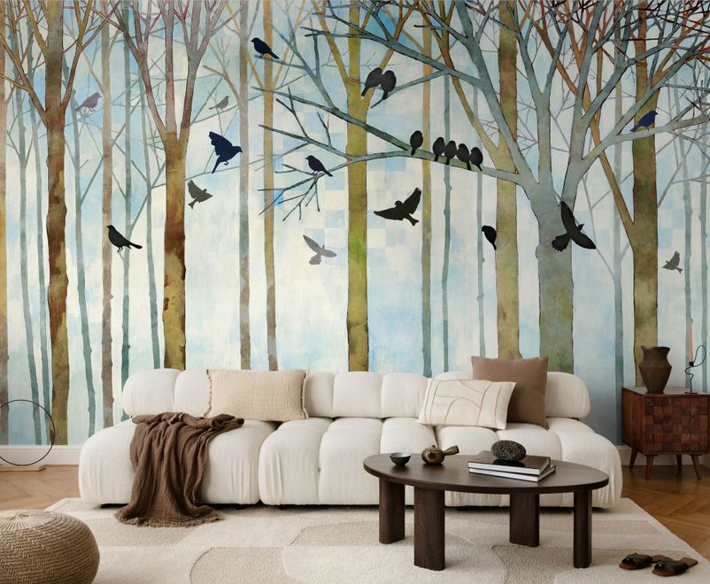 Vintage Abstract Forest and Black Bird Wallpaper Mural