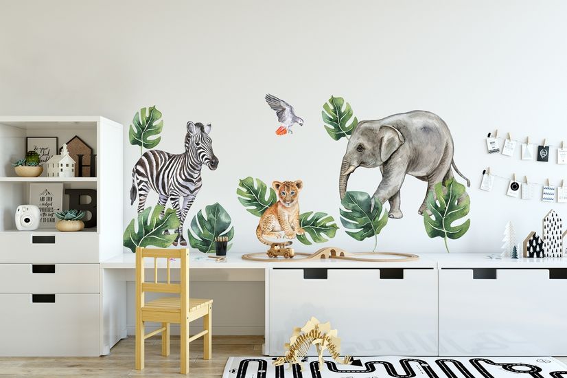 Kids Tropical Animals with Leafs Wall Decal Sticker