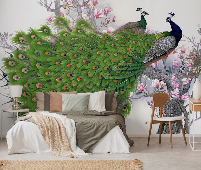 Elegant Peacock with Cherry Blossom Wallpaper Mural