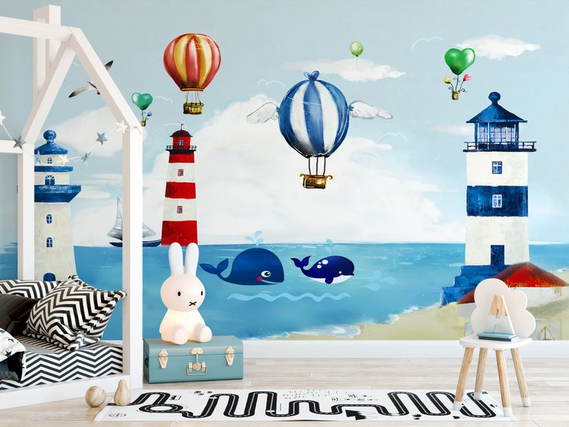 Watercolor Lighthouse with Hot Air Balloons Wallpaper Mural
