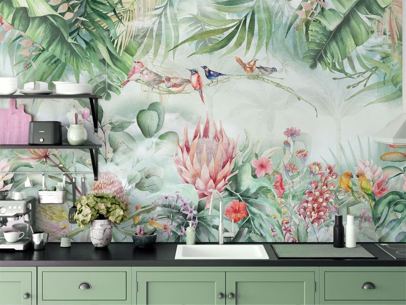 Colorful Tropical Exotic Cactus Floral with Little Birds Wallpaper Mural