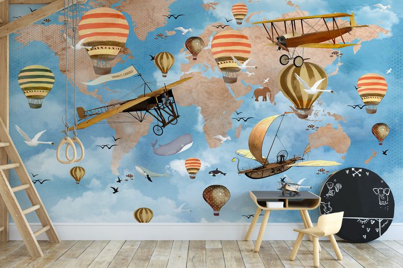 3D Look Kids World Map with Hot Air Balloon Wallpaper Mural