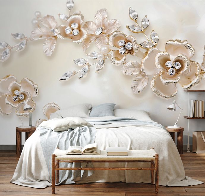 Cream Swarovski Rose Floral Wallpaper Mural