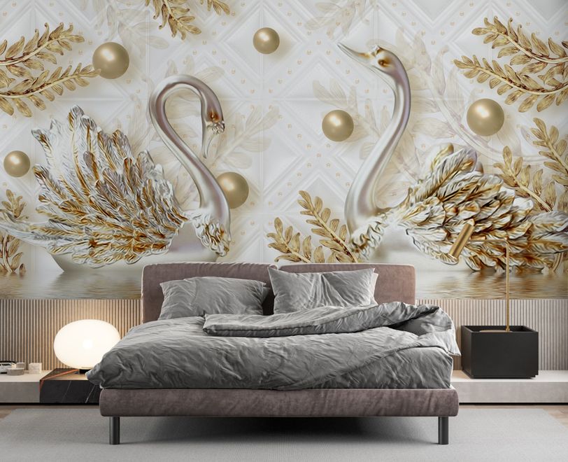 3D Look Swan and Leaf with Water Pattern Wallpaper Mural