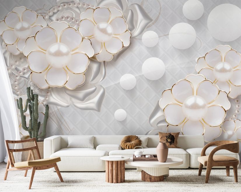 3D Look White Pearl Flower Wallpaper Mural