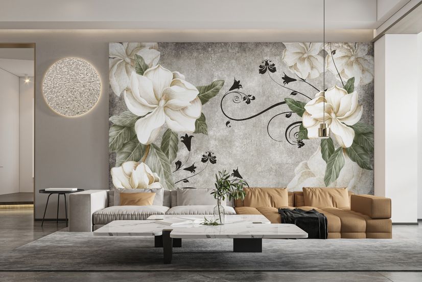 Papier peint art fleurs vintage crème