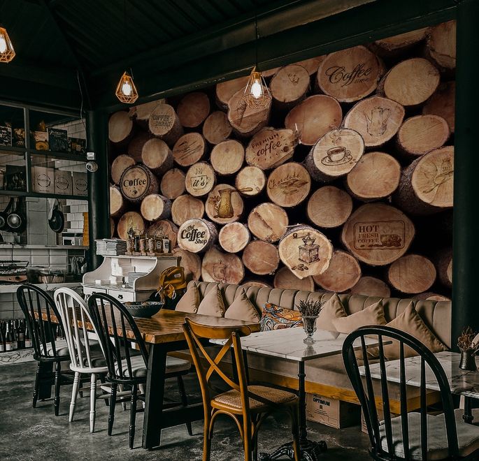 Coffee Shop with Wood Wall Wallpaper Mural
