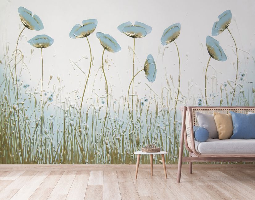Oil Painting Blue Poppy Flowers Wallpaper Mural