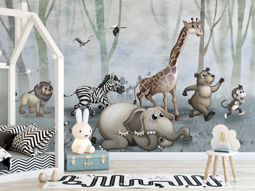 Cartoon Wild Animals and Forest Wallpaper Mural