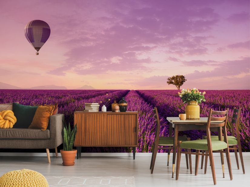 Serene Sunset Lavender and Balloon Landscape Wallpaper Mural