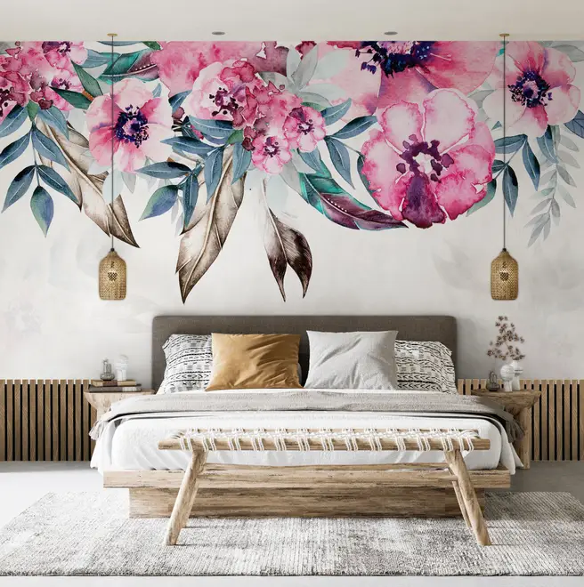 Watercolor Pink Peony Flower Wallpaper Mural