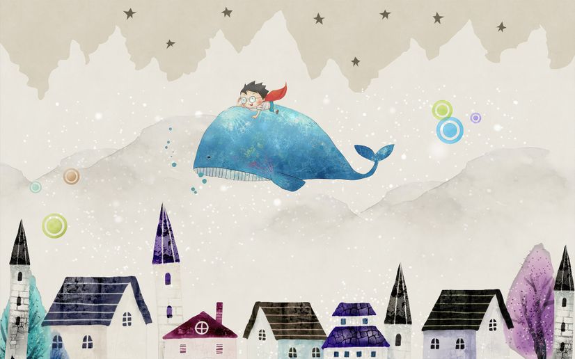 Cartoon Village and Little Child on the Flying Whale Wallpaper Mural