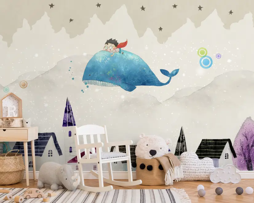 Papier peint panoramique village et petit enfant sur la baleine volante Papier peint panoramique village et petit enfant sur la baleine volante