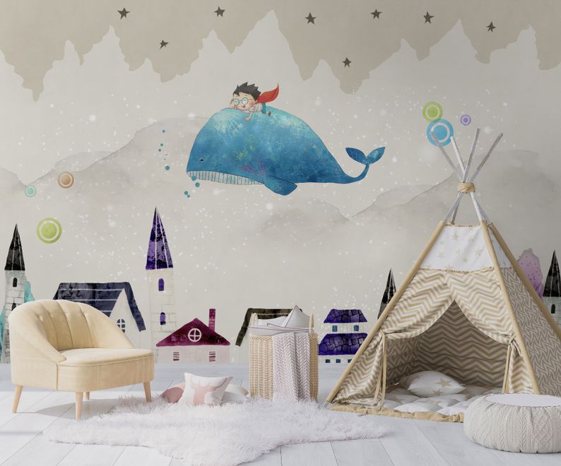 Cartoon Village and Little Child on the Flying Whale Wallpaper Mural