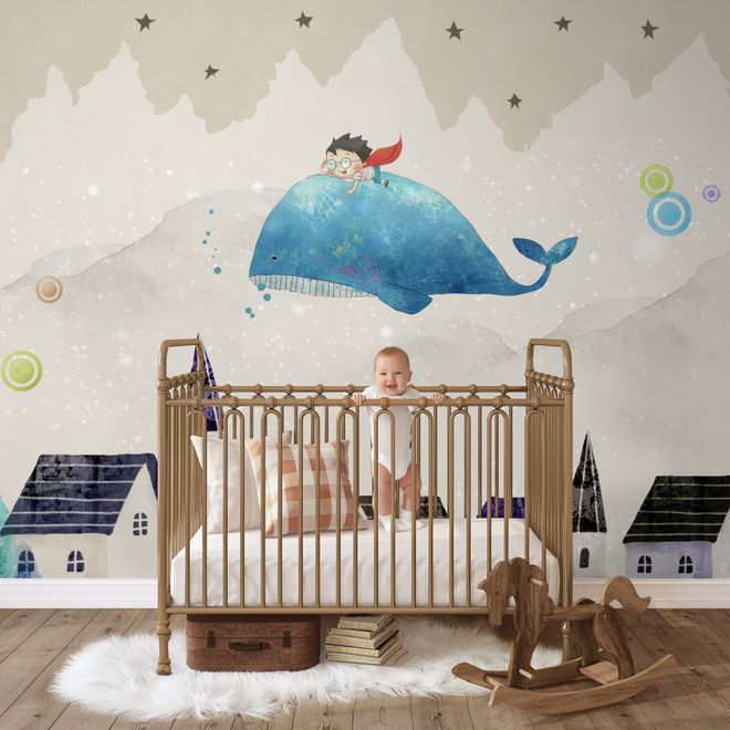 Cartoon Village and Little Child on the Flying Whale Wallpaper Mural