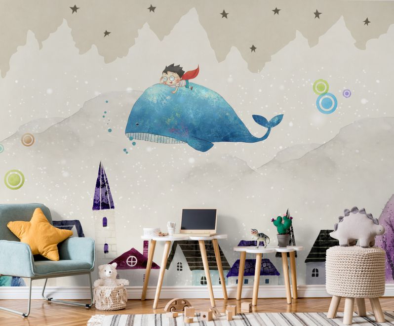 Cartoon Village and Little Child on the Flying Whale Wallpaper Mural