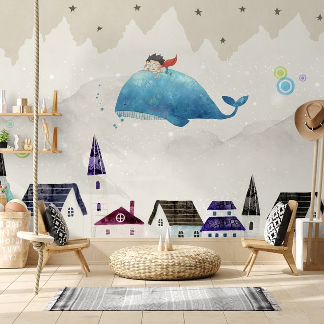 Cartoon Village and Little Child on the Flying Whale Wallpaper Mural
