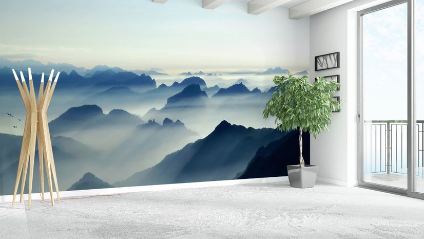 Misty Mountain Landscape with Moon Wallpaper Mural