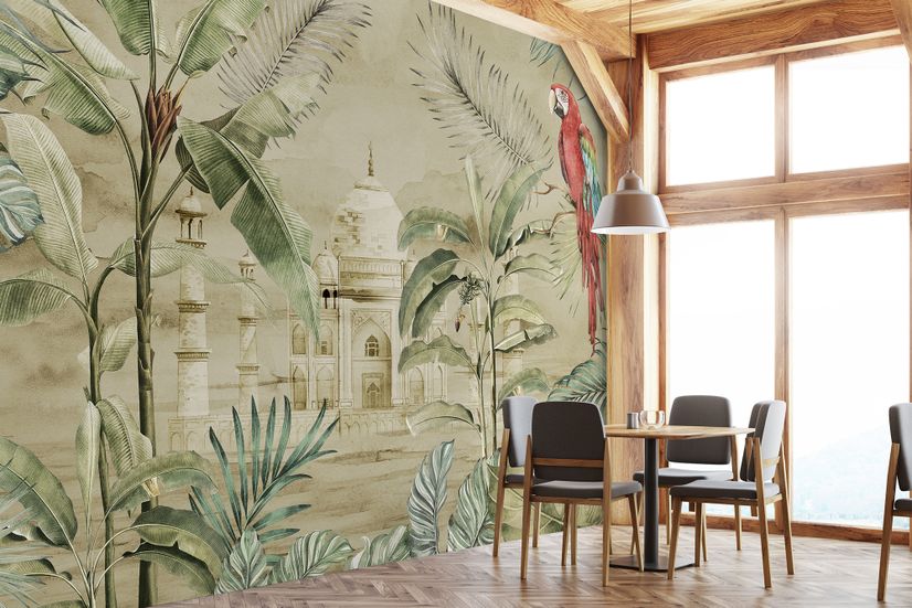 Taj Mahal and Vintage Leaf Wallpaper Mural