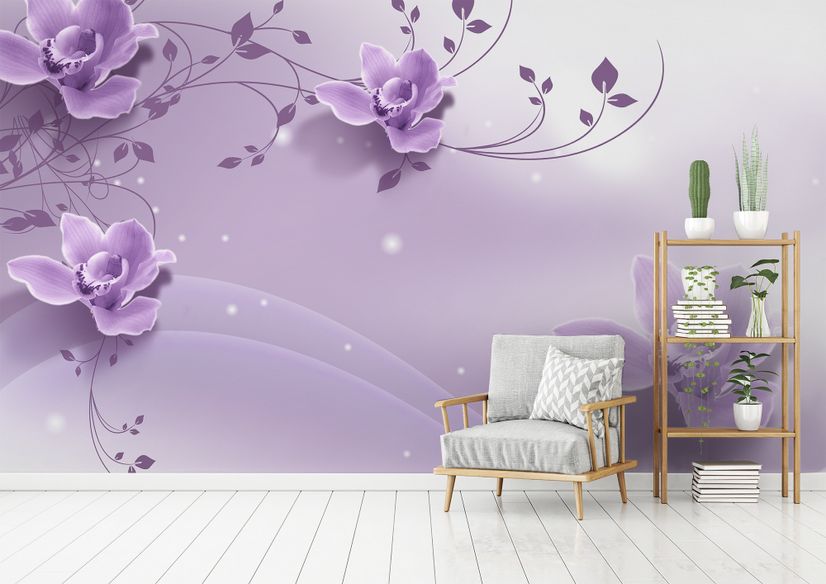 3D Look Purple Flowers Wallpaper Mural
